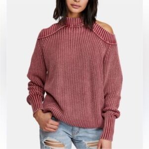 Free People Half Moon Bay‎ Pullover Sweater Pink Burgundy Ribbed Cold Shoulder S